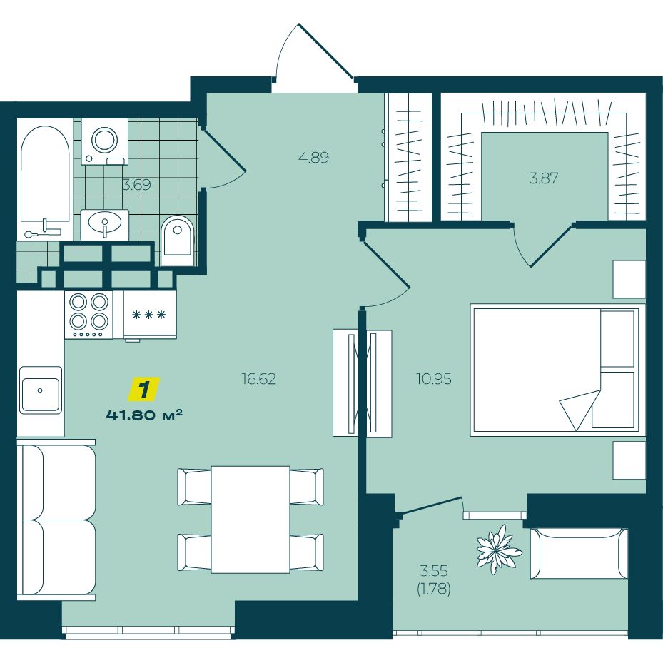 1-комнатная 41,8 м² в ЖК Зелёный Бульвар 1-комнатная 41,8 м²