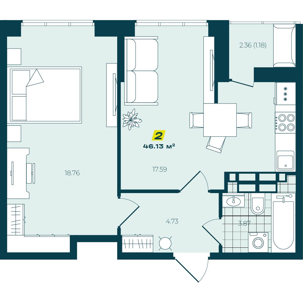 2-комнатная 46,13 м²