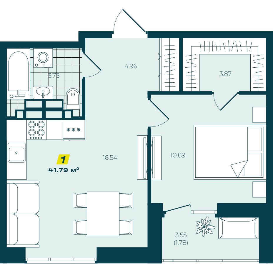 1-комнатная 41,79 м² в ЖК Зелёный Бульвар 1-комнатная 41,79 м²
