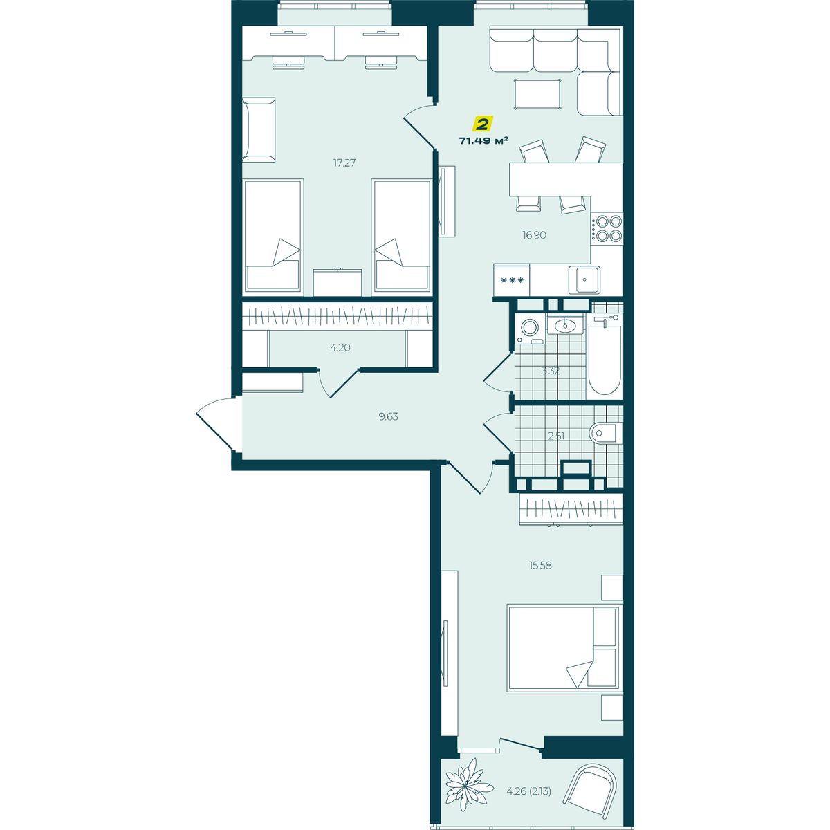 2-комнатная 71,49 м² в ЖК Зелёный Бульвар 2-комнатная 71,49 м²