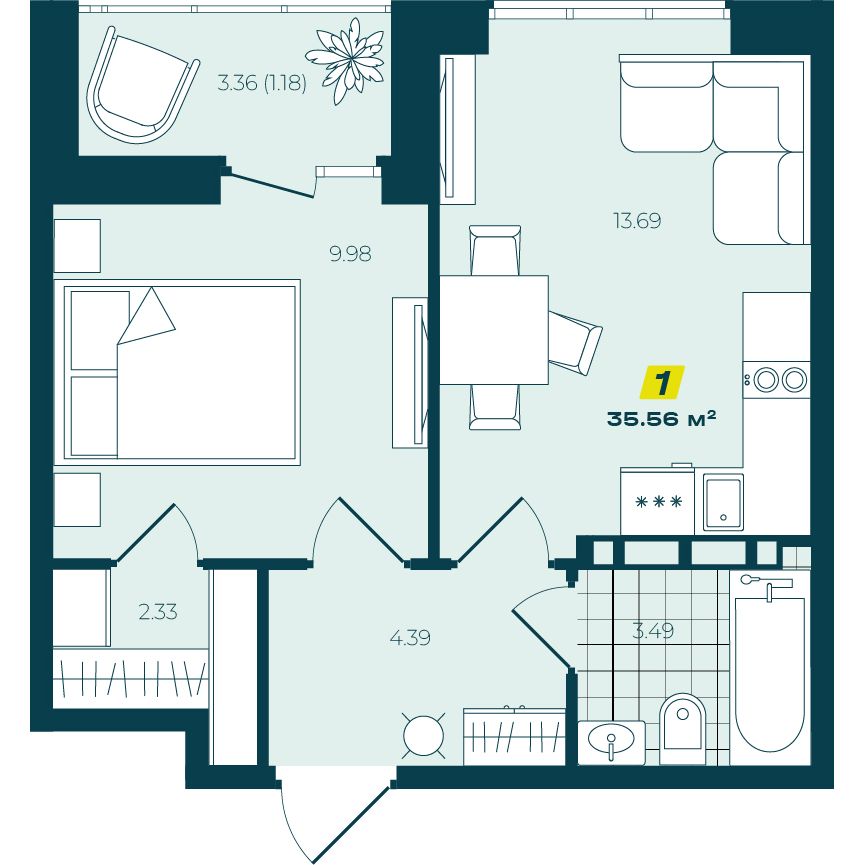 1-комнатная 35,56 м² в ЖК Зелёный Бульвар 1-комнатная 35,56 м²