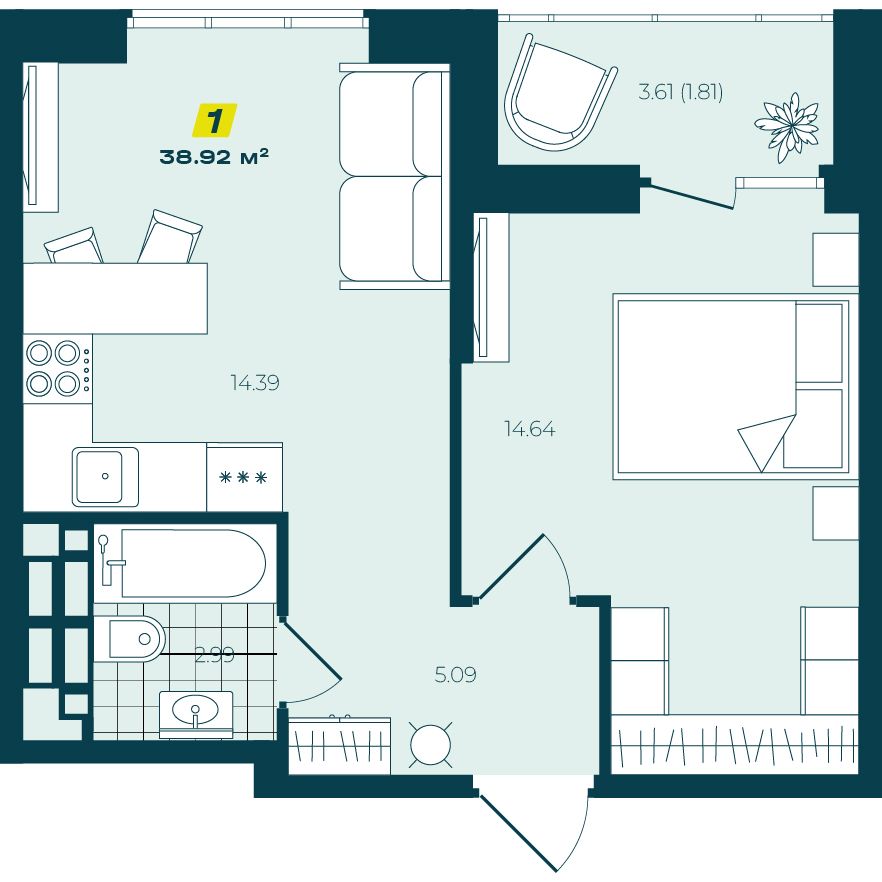 1-комнатная 38,92 м²