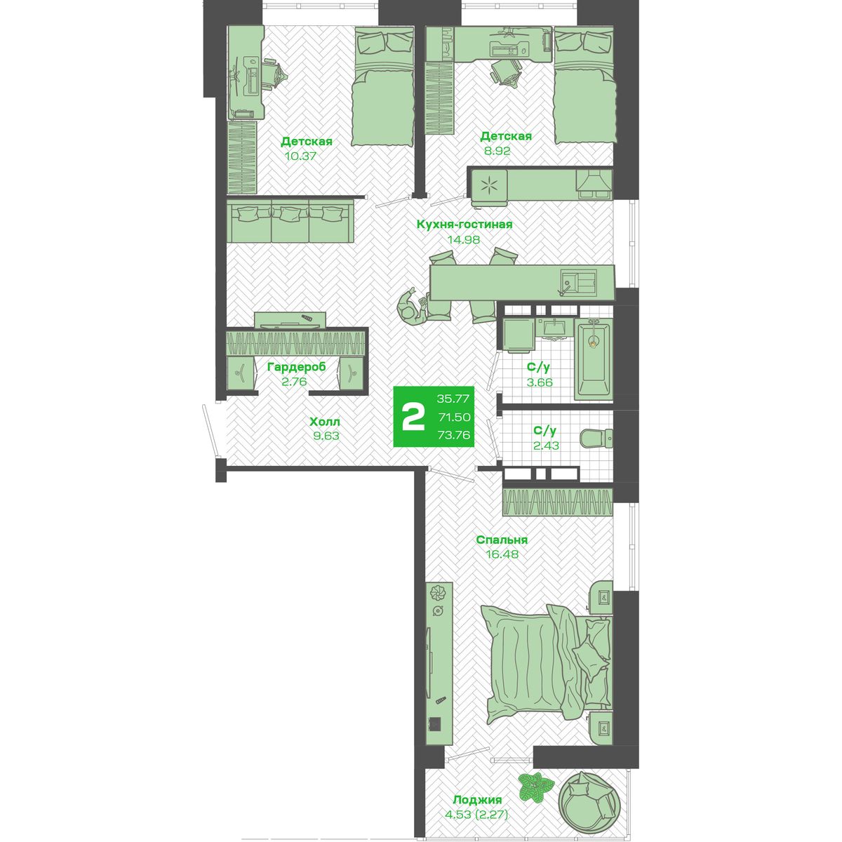 2-комнатная, 71.5 м², № 460 в Зеленый бульвар-2