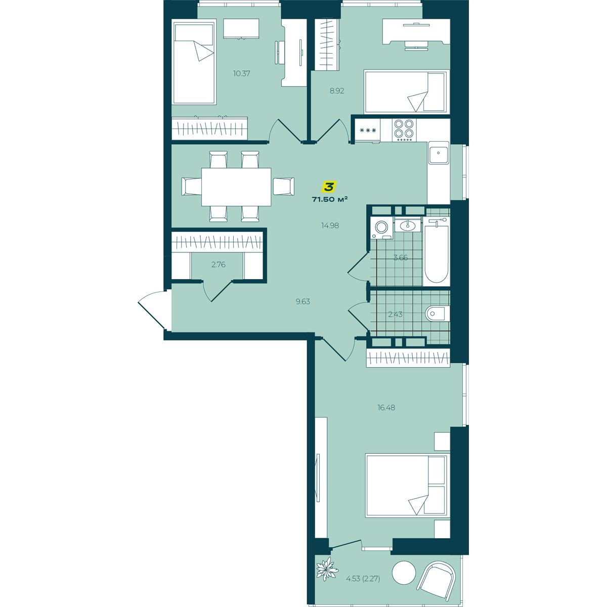 2-комнатная 71,5 м² в ЖК Зелёный Бульвар 2-комнатная 71,5 м²