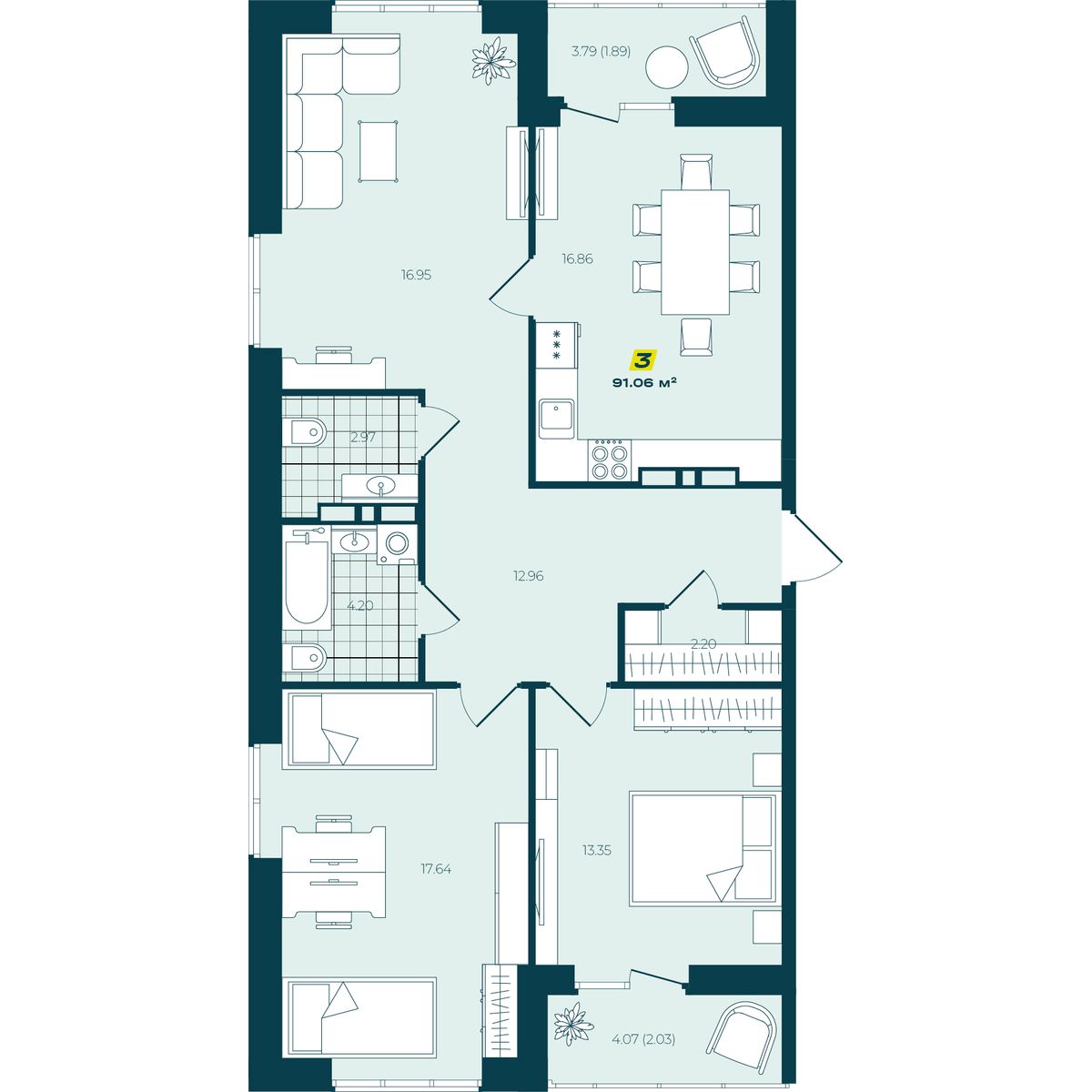 3-комнатная 91,06 м²