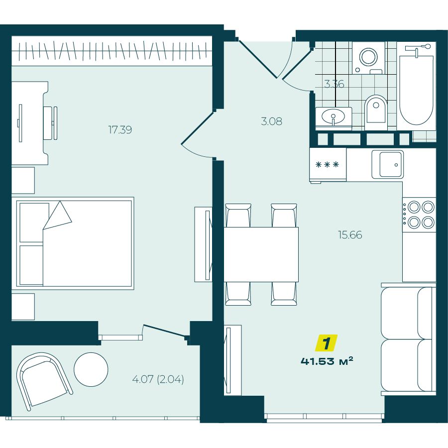 1-комнатная 41,53 м² в ЖК Зелёный Бульвар 1-комнатная 41,53 м²