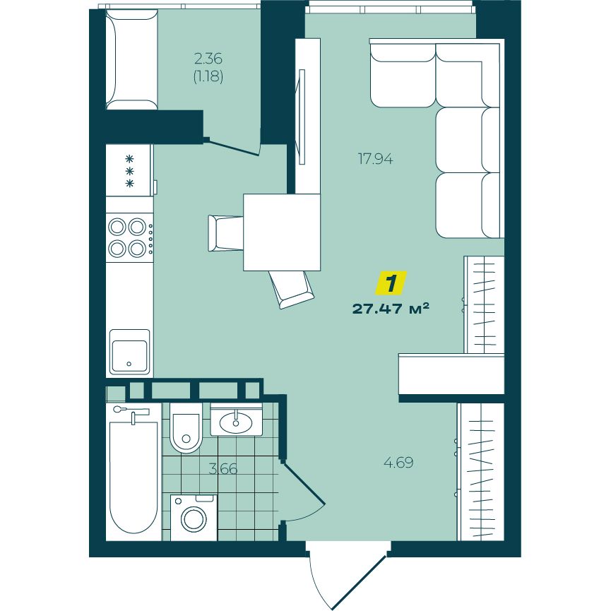Студия 27.47 м²