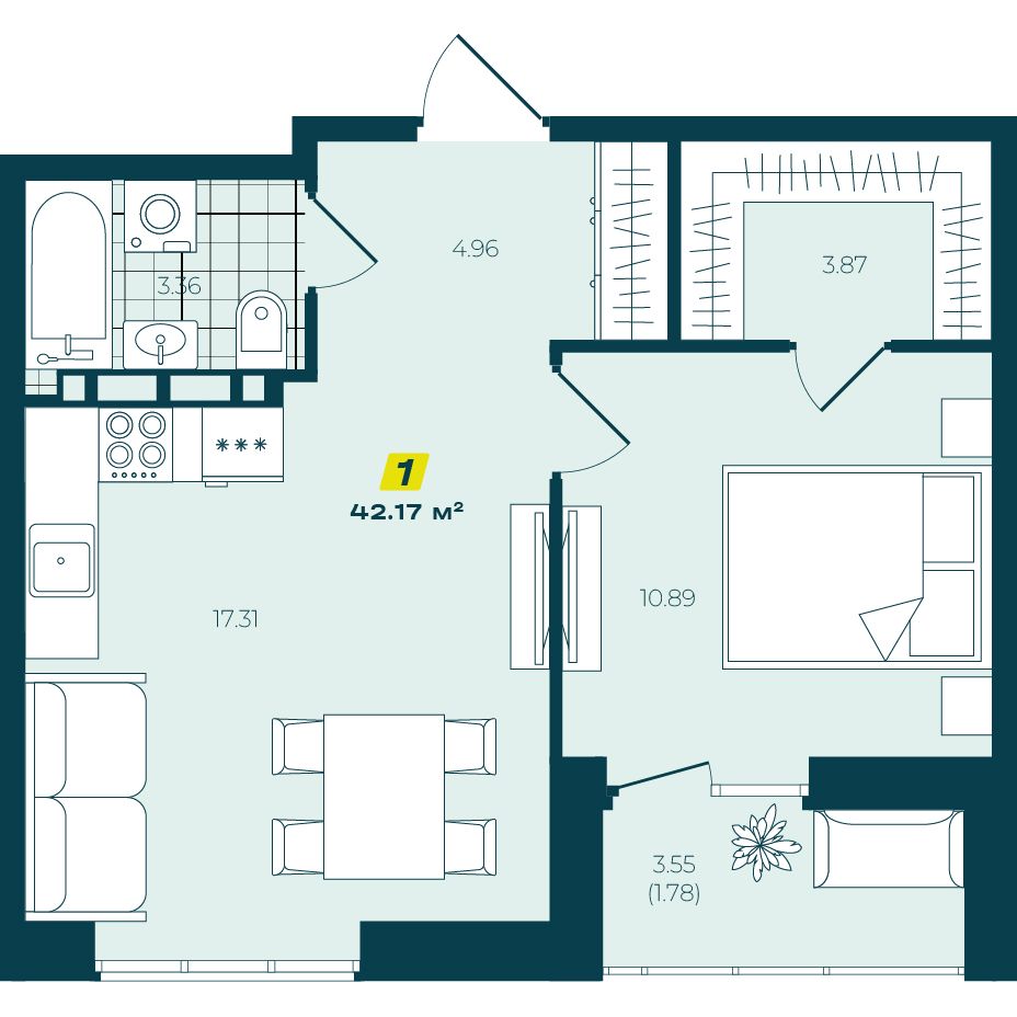1-комнатная 42,17 м² в ЖК Зелёный Бульвар 1-комнатная 42,17 м²