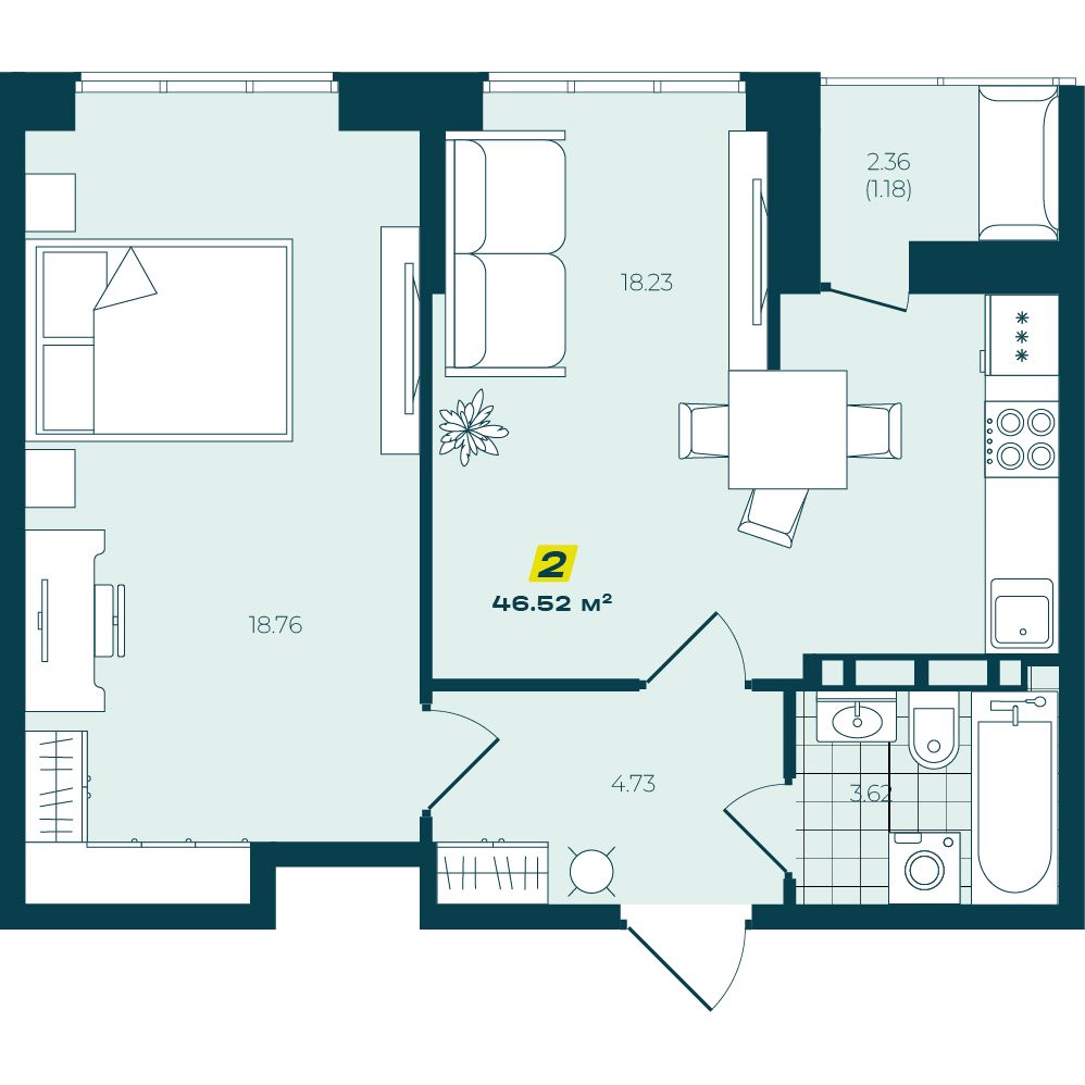 2-комнатная 46,52 м²