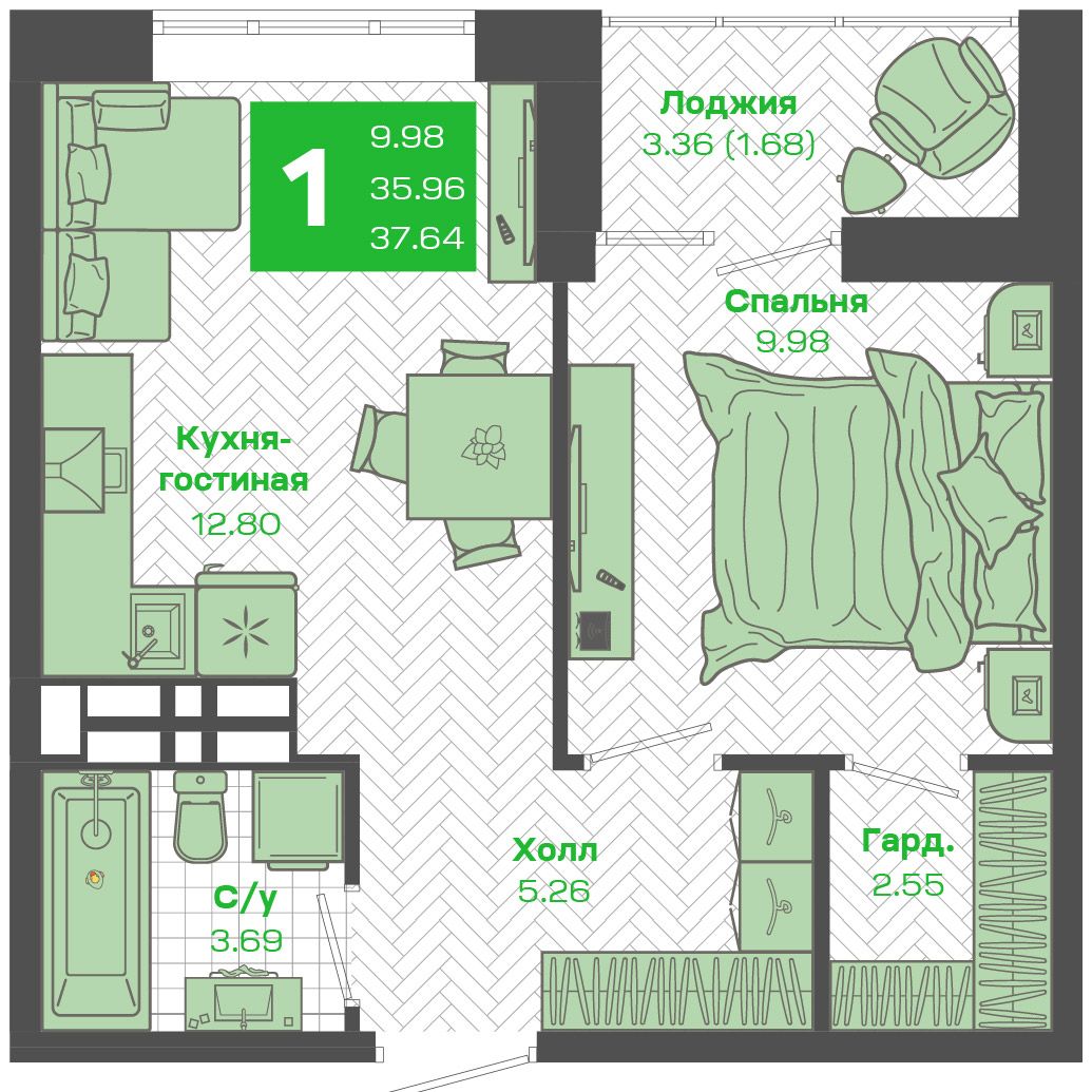 1-комнатная 35,96 м²