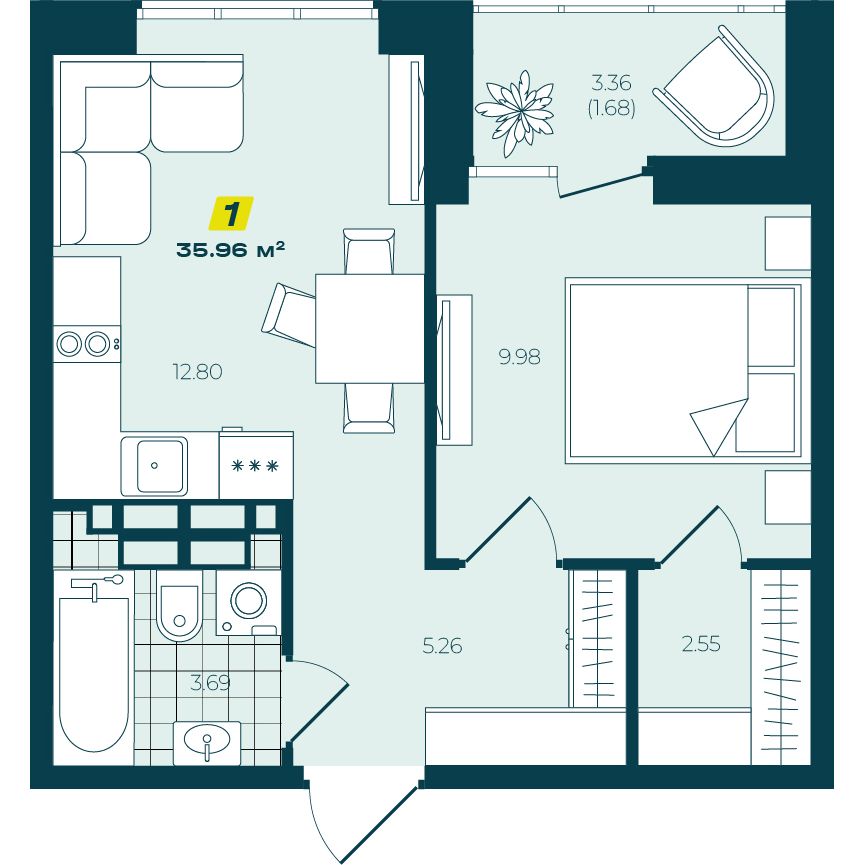 1-комнатная 35,96 м²