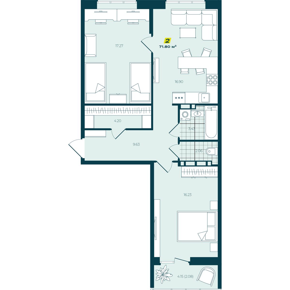 2-комнатная 71,8 м² в ЖК Зелёный Бульвар 2-комнатная 71,8 м²
