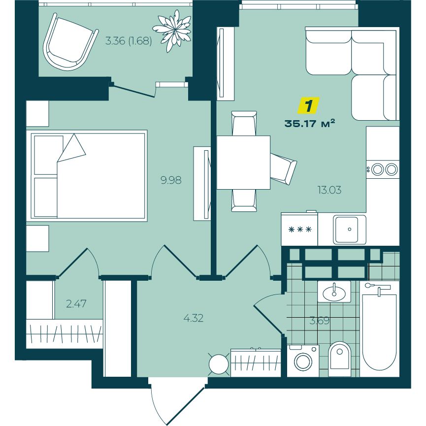 1-комнатная 35,17 м² в ЖК Зелёный Бульвар 1-комнатная 35,17 м²