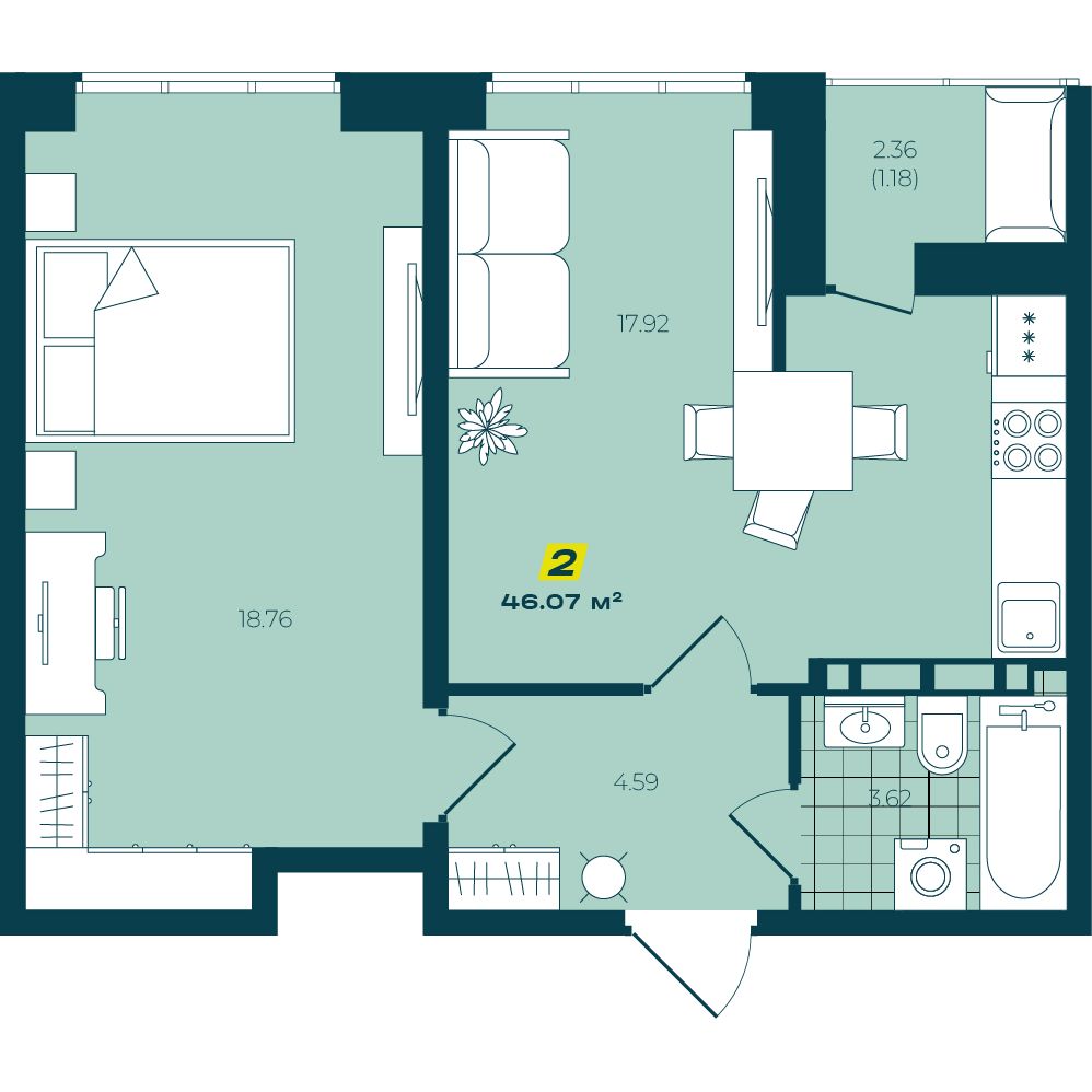 2-комнатная 46,07 м²