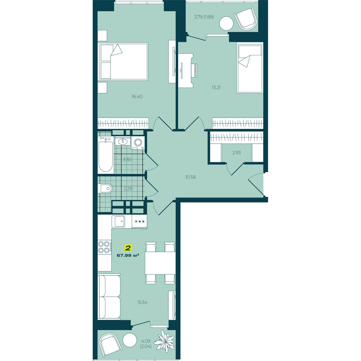2-комнатная 67,99 м² в ЖК Зелёный Бульвар 2-комнатная 67,99 м²