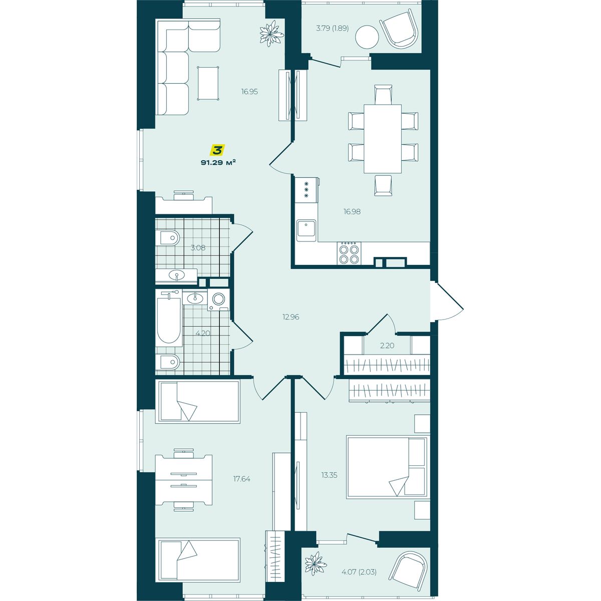 3-комнатная 91,29 м²
