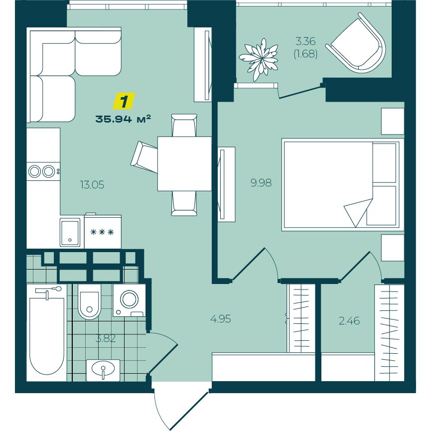 1-комнатная 35,94 м²