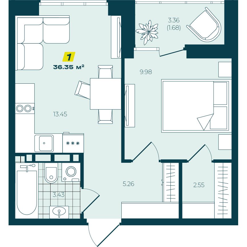 1-комнатная 36,35 м² в ЖК Зелёный Бульвар 1-комнатная 36,35 м²