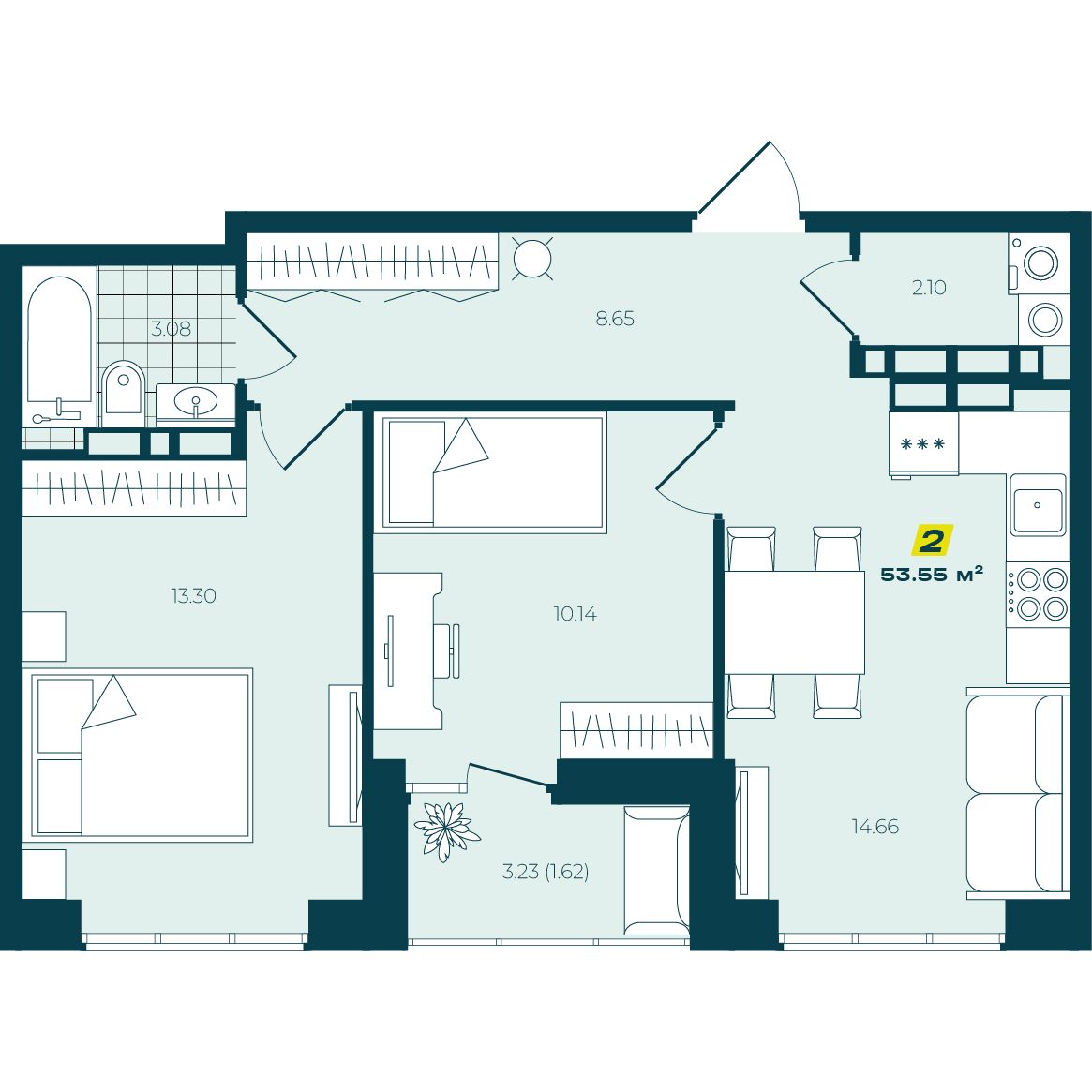 2-комнатная 53,55 м² в ЖК Зелёный Бульвар 2-комнатная 53,55 м²