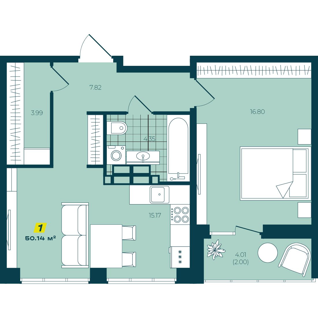 1-комнатная 50,14 м² в ЖК Зелёный Бульвар 1-комнатная 50,14 м²