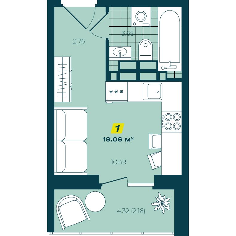 Студия 19.06 м²
