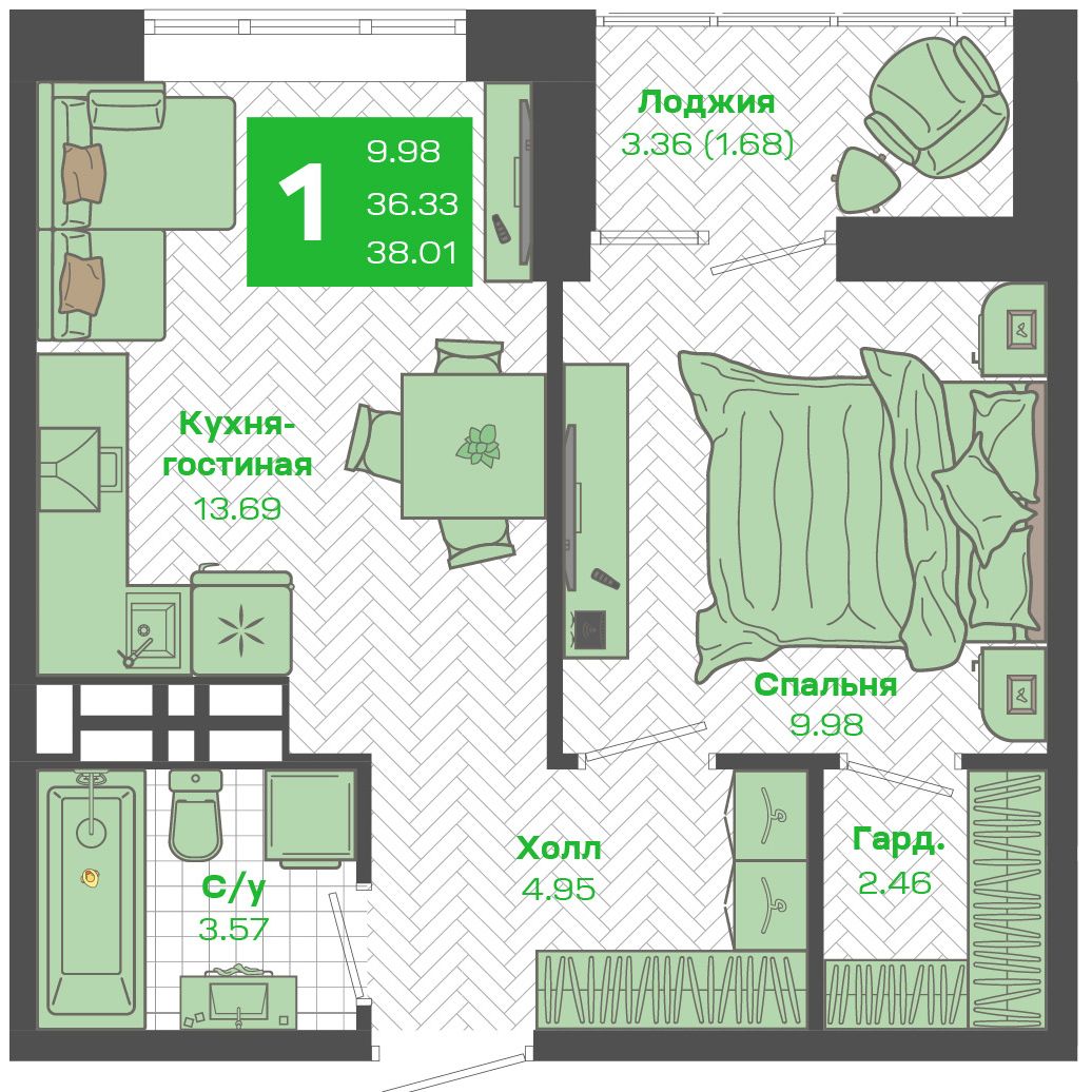1-комнатная 36,33 м²
