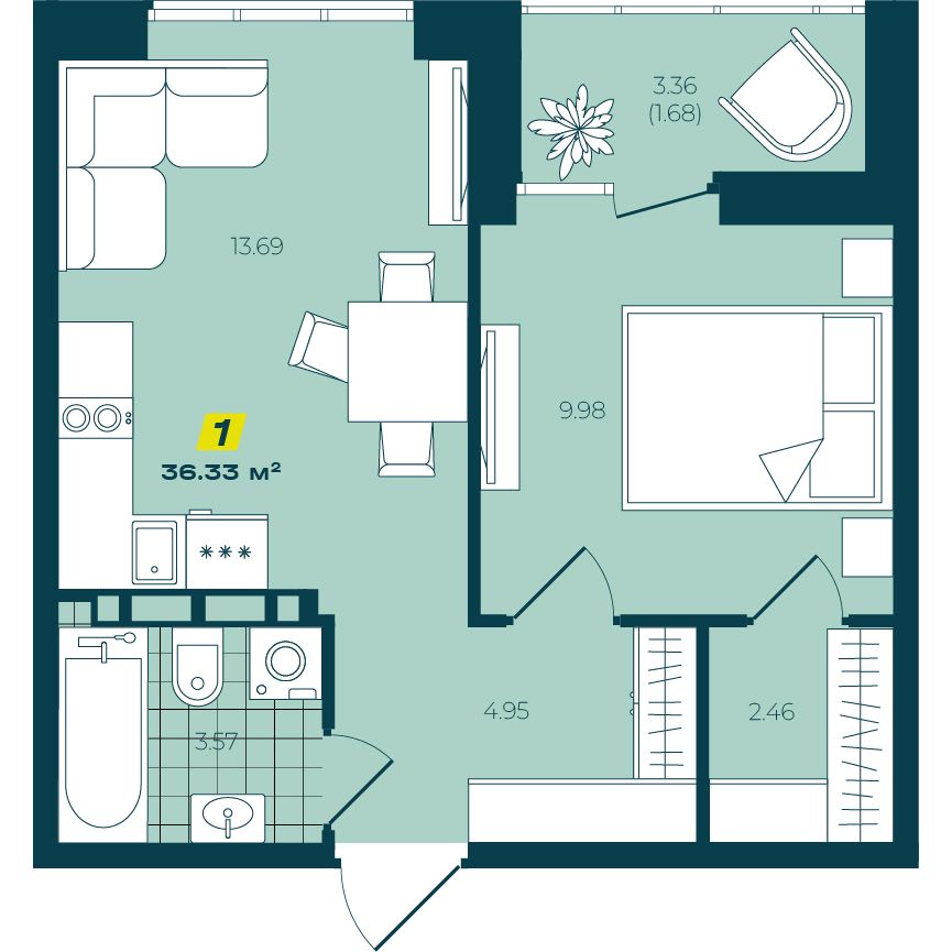 1-комнатная 36,33 м² в ЖК Зелёный Бульвар 1-комнатная 36,33 м²
