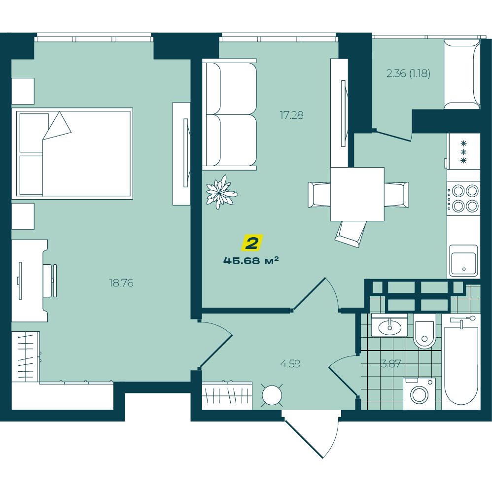 2-комнатная 45,68 м²