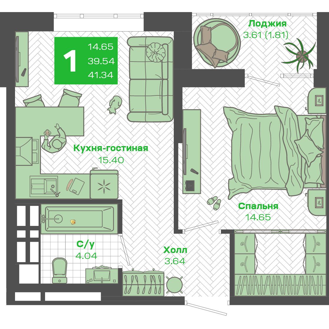 1-комнатная 39,54 м²