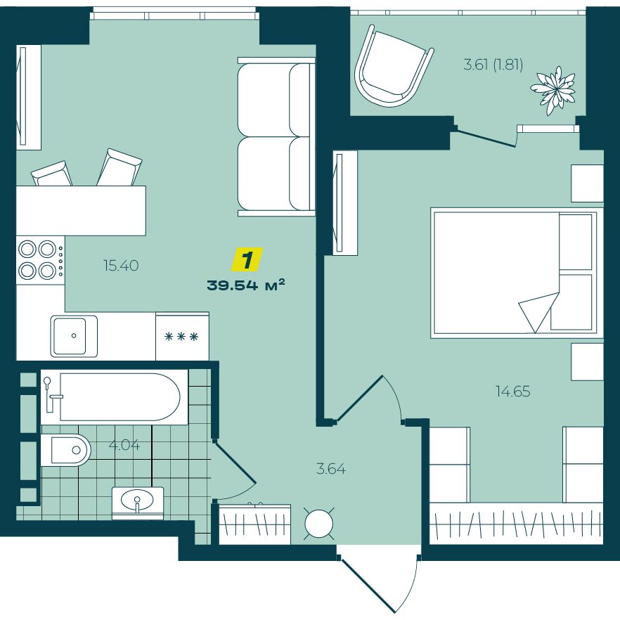 1-комнатная 39,54 м²