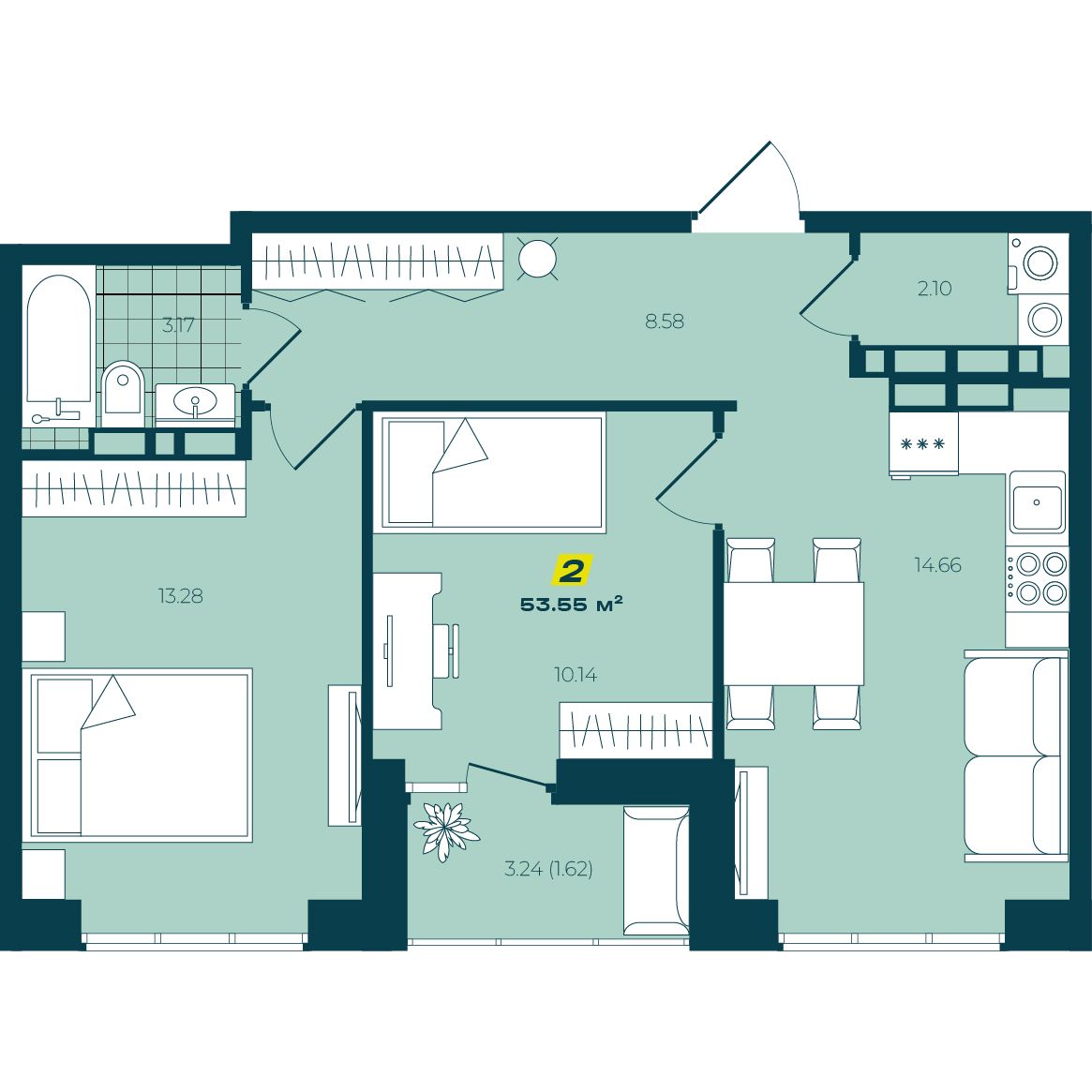 2-комнатная 53,55 м²