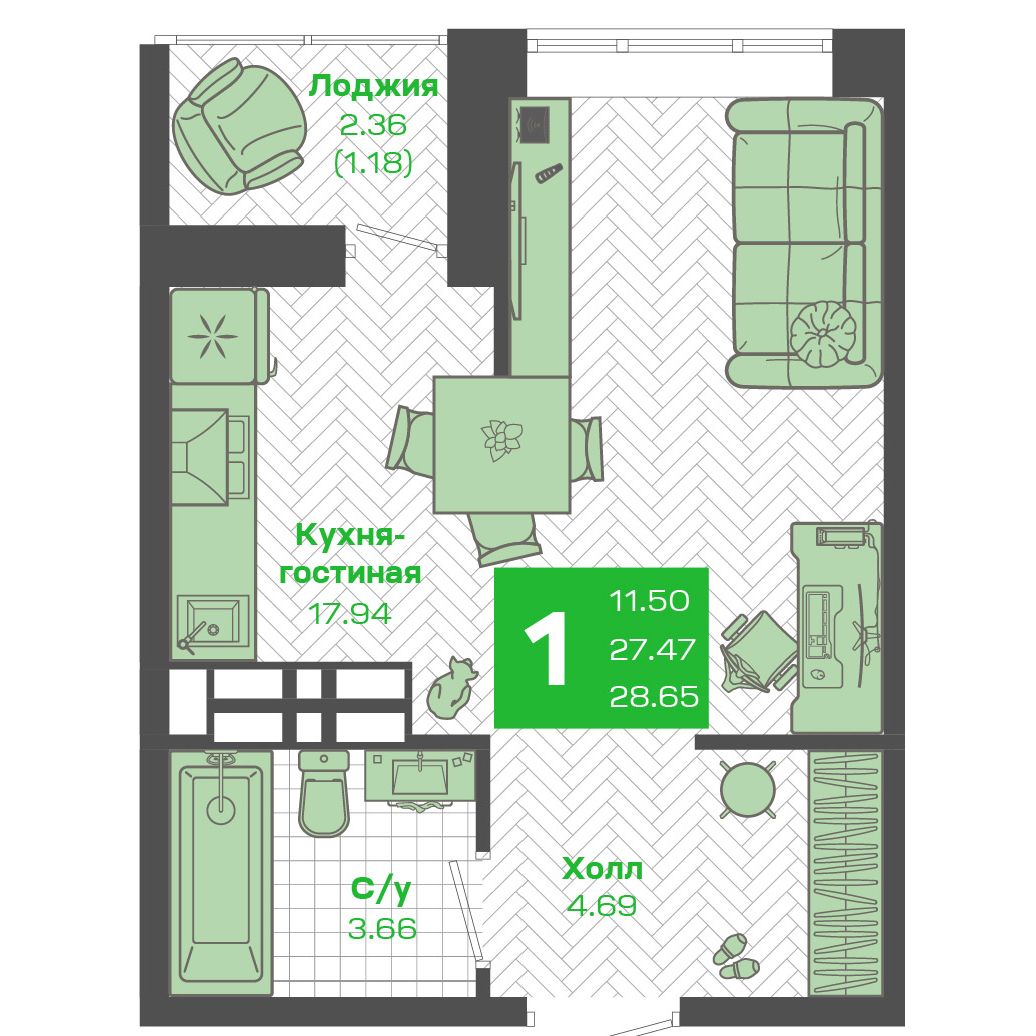 Студия 27.47 м²