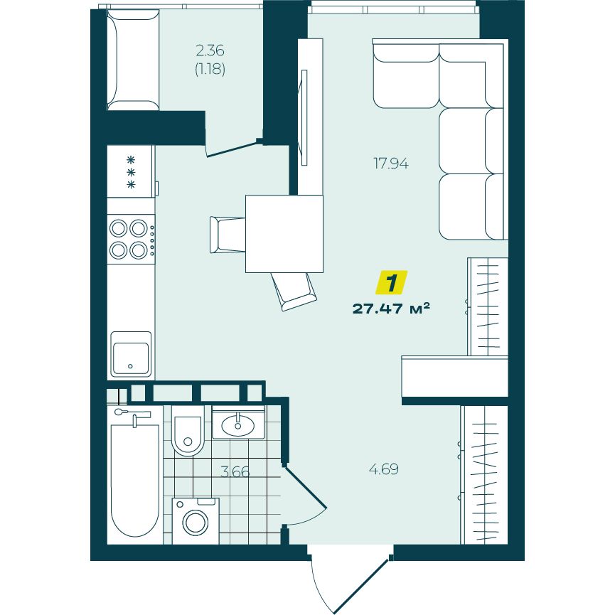 Студия 27.47 м²