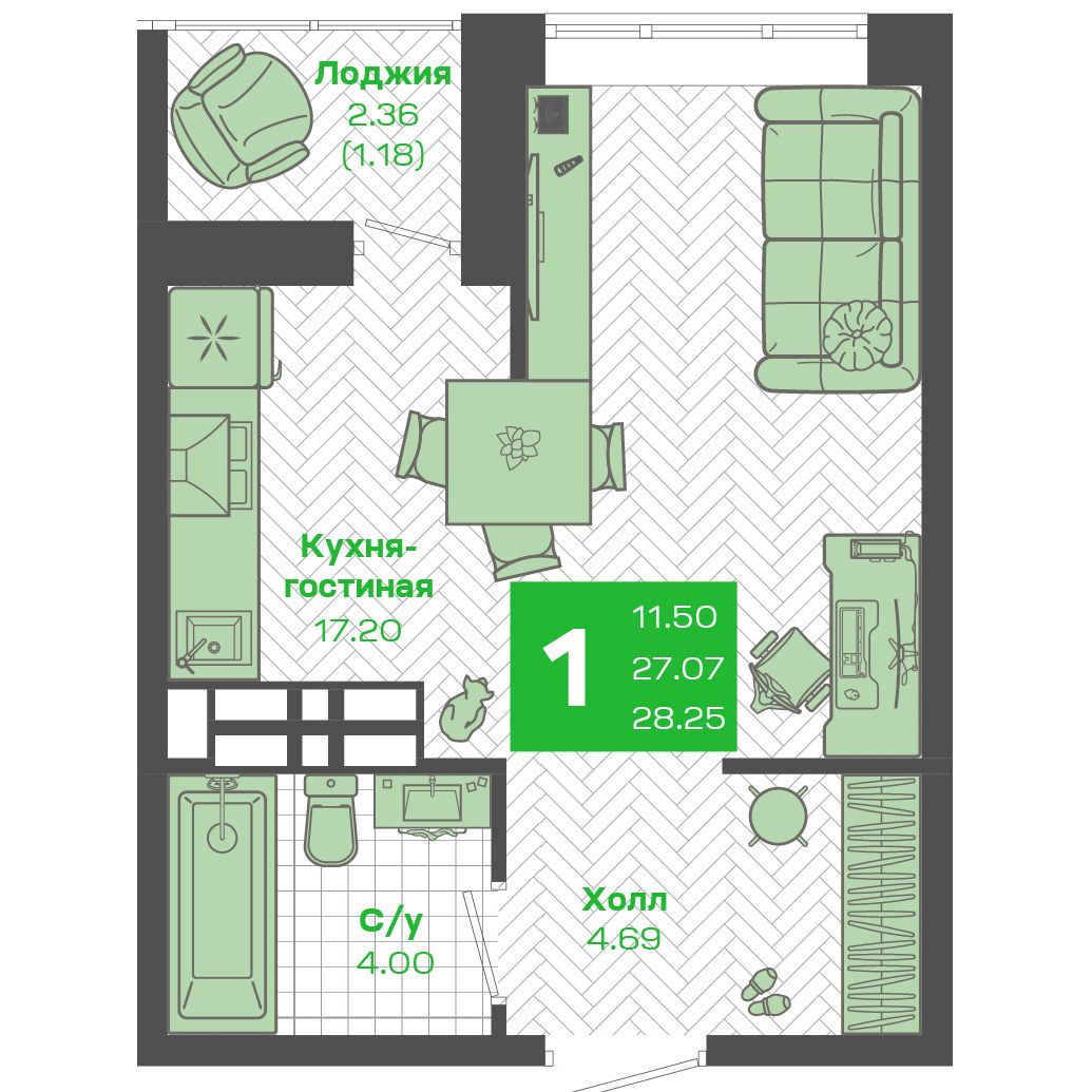 Студия 27.07 м²