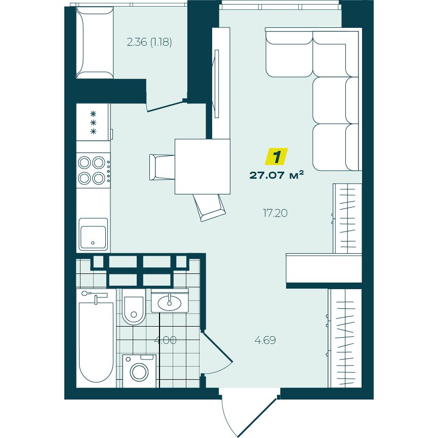 Студия 27.07 м²