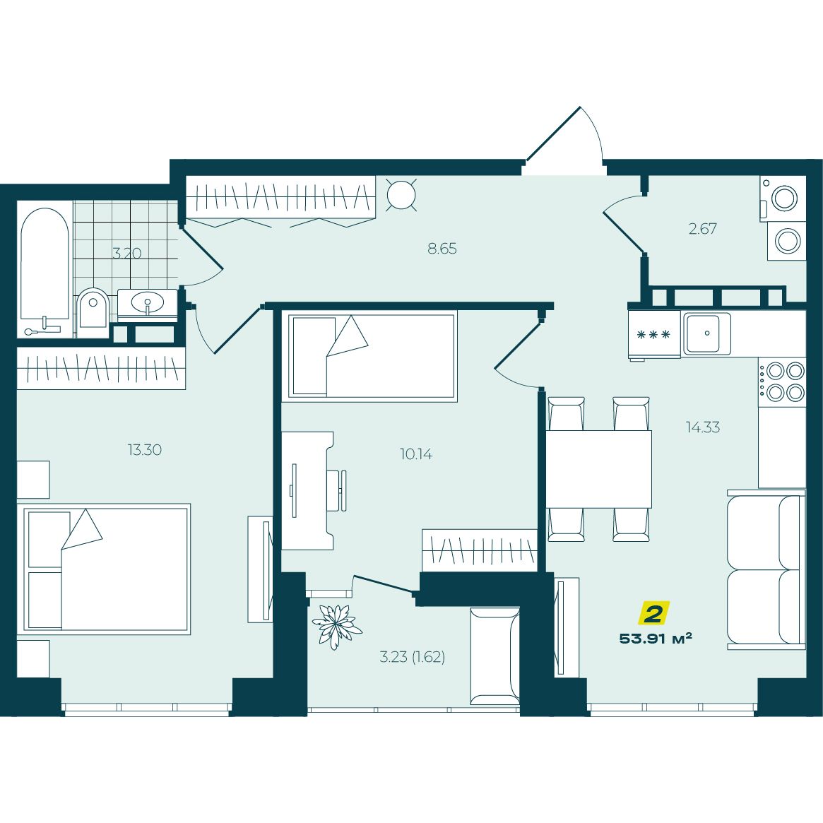 2-комнатная 53,91 м² в ЖК Зелёный Бульвар 2-комнатная 53,91 м²