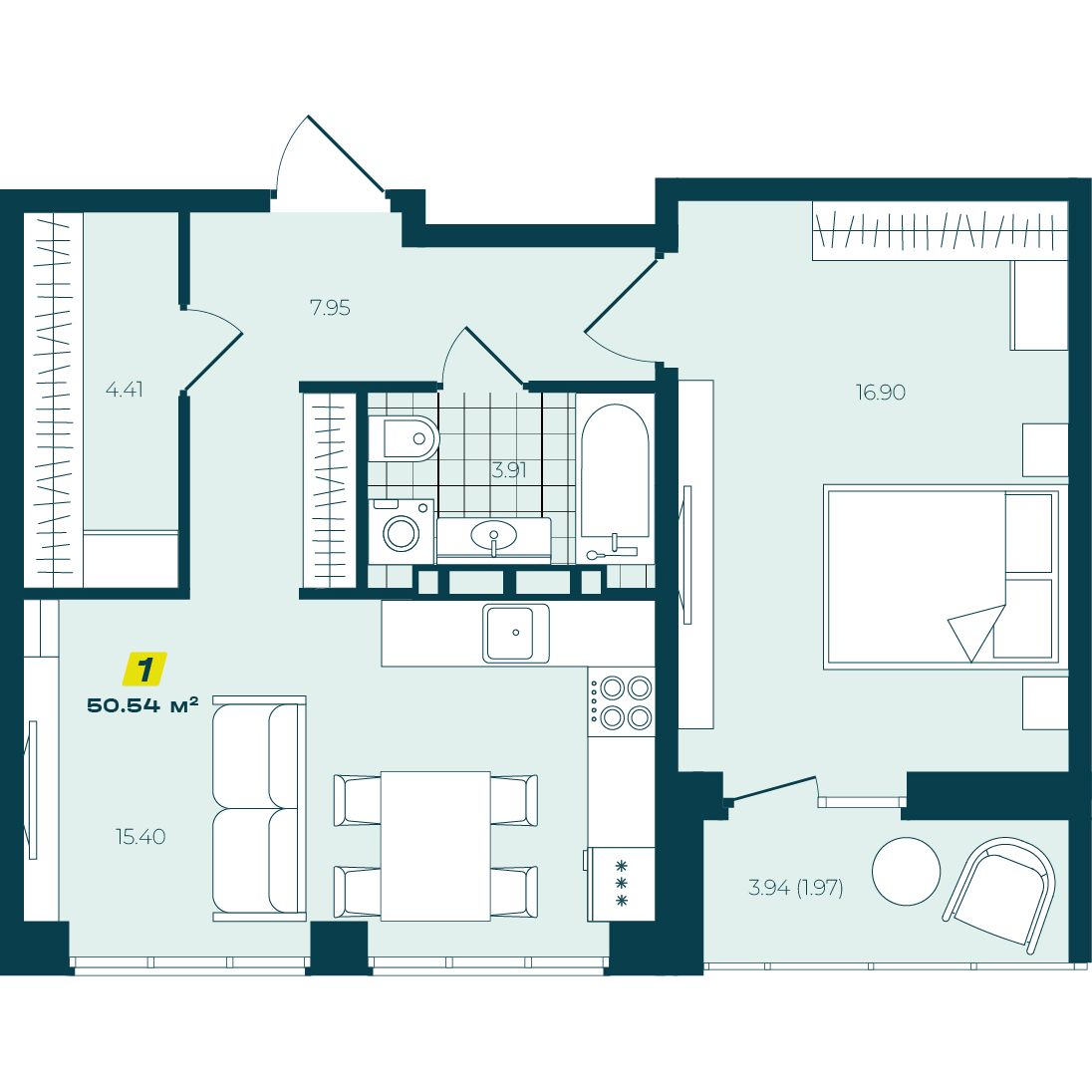 1-комнатная 50,54 м² в ЖК Зелёный Бульвар 1-комнатная 50,54 м²