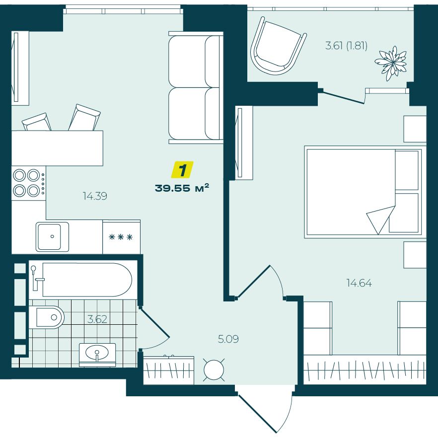 1-комнатная 39,55 м² в ЖК Зелёный Бульвар 1-комнатная 39,55 м²