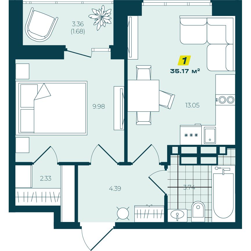 1-комнатная 35,17 м² в ЖК Зелёный Бульвар 1-комнатная 35,17 м²