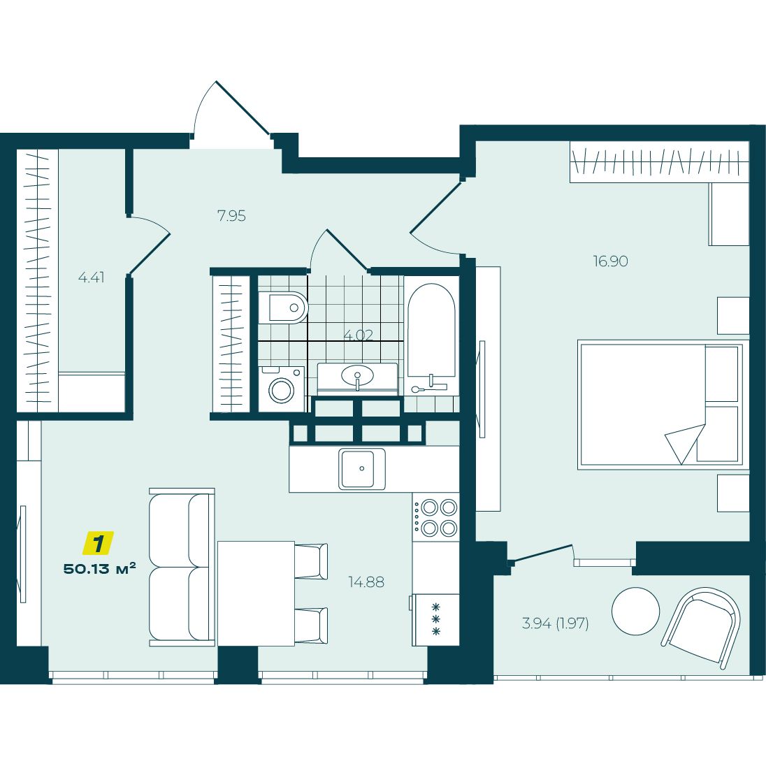 1-комнатная 50,13 м² в ЖК Зелёный Бульвар 1-комнатная 50,13 м²