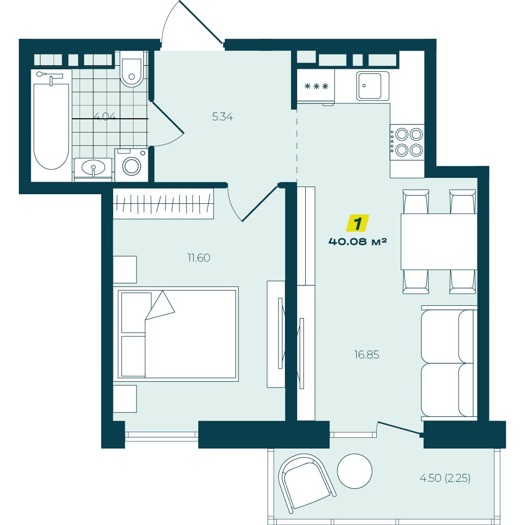 1-комнатная, 40.08 м², № 279 в Зеленый бульвар-2