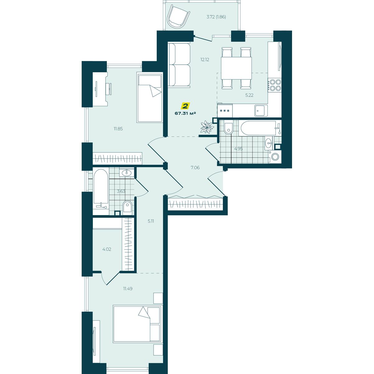 3-комнатная 67,31 м² в ЖК Зелёный Бульвар 3-комнатная 67,31 м²
