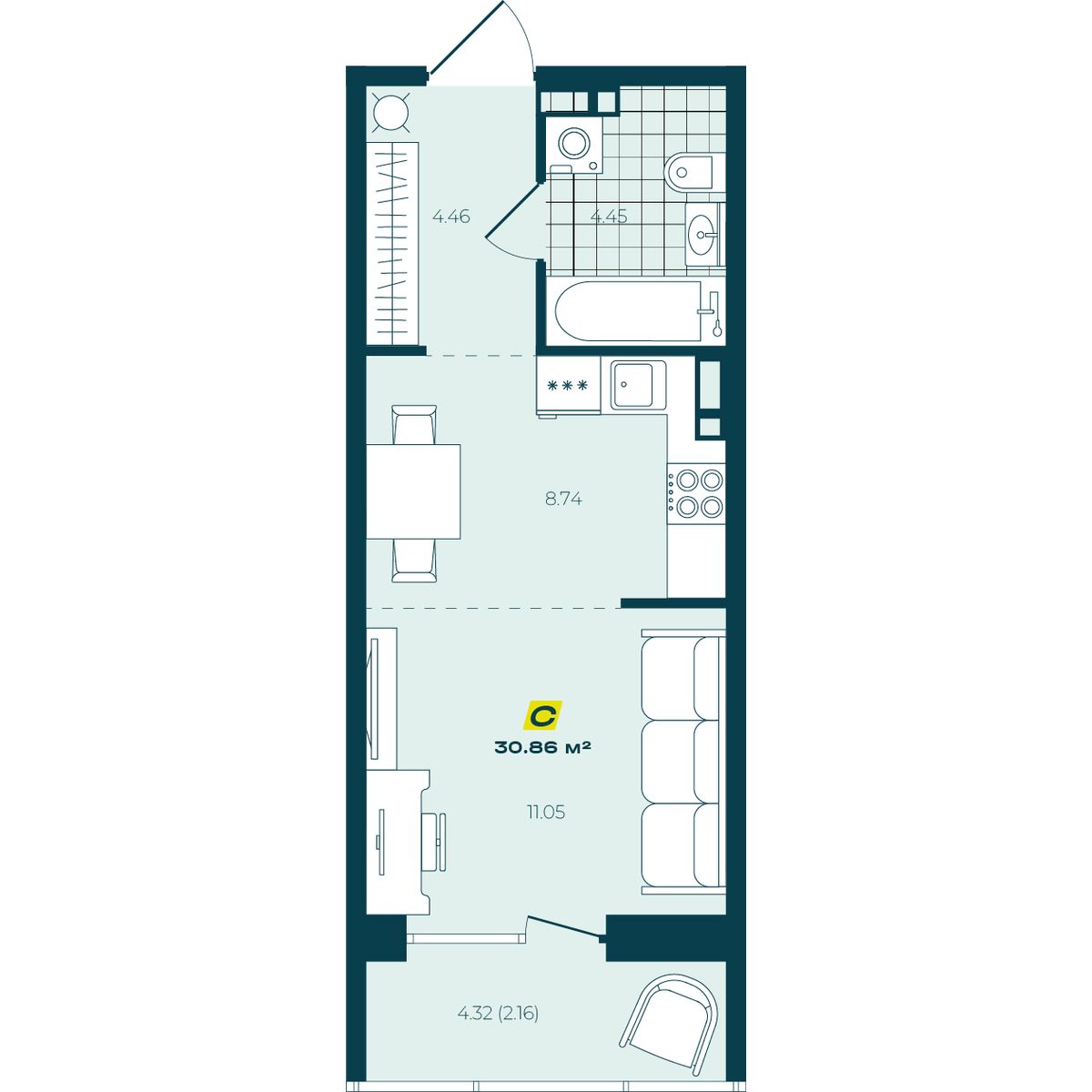 Студия 30,86 м² в ЖК Зелёный Бульвар Студия 30,86 м²