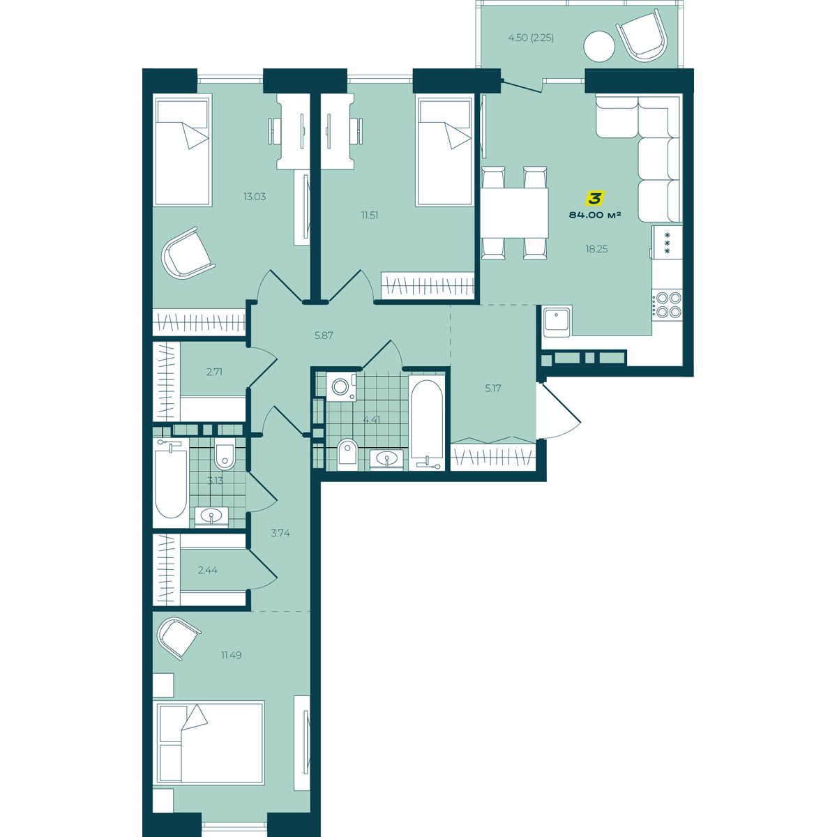 4-комнатная 84 м² в ЖК Зелёный Бульвар 4-комнатная 84 м²