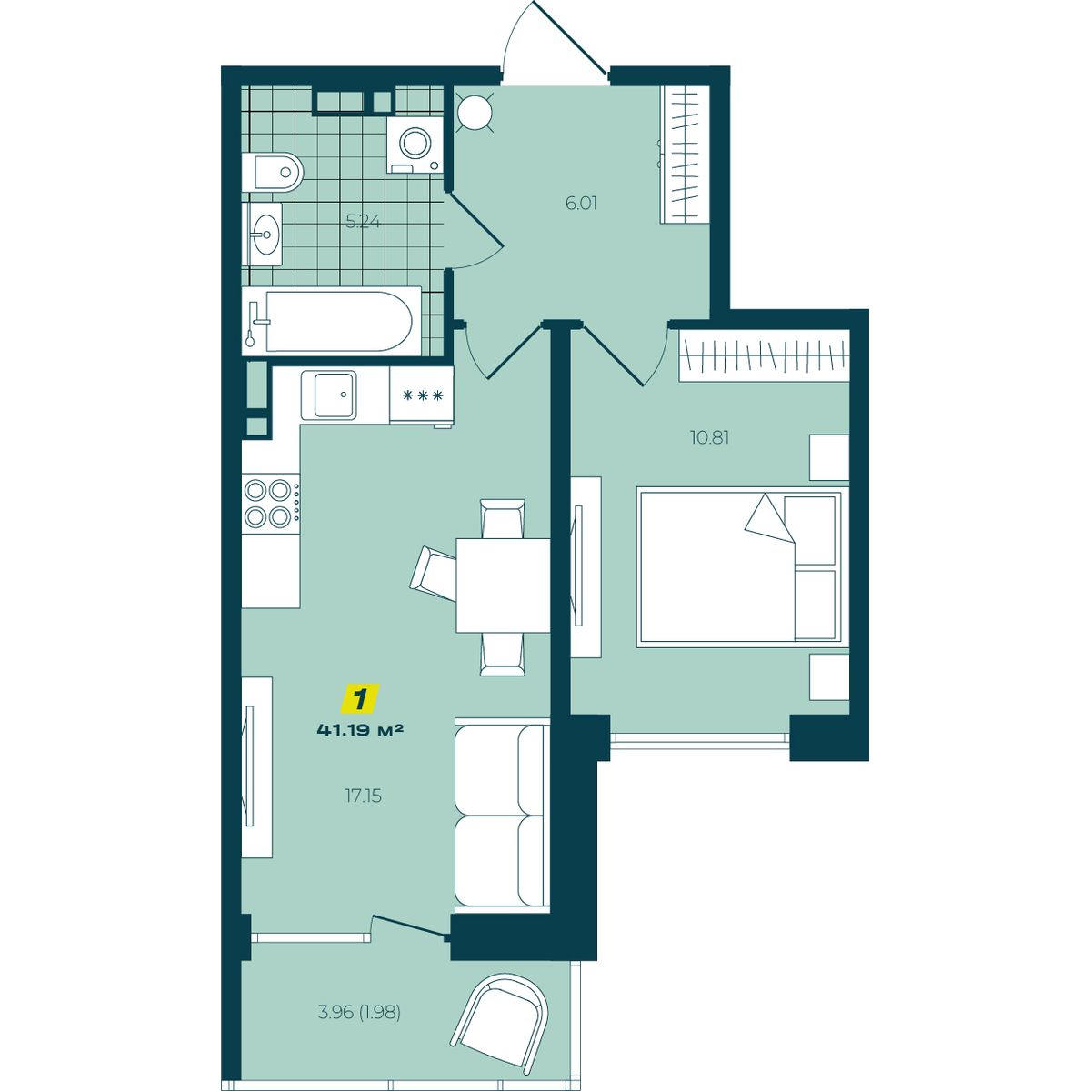 1-комнатная, 41.19 м², № 187 в Зеленый бульвар-2