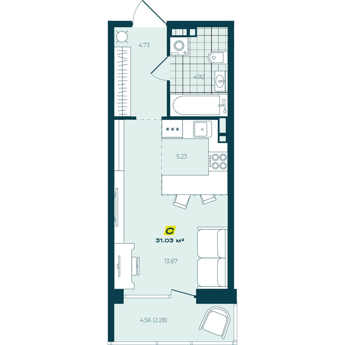 Студия 31,03 м² в ЖК Зелёный Бульвар Студия 31,03 м²