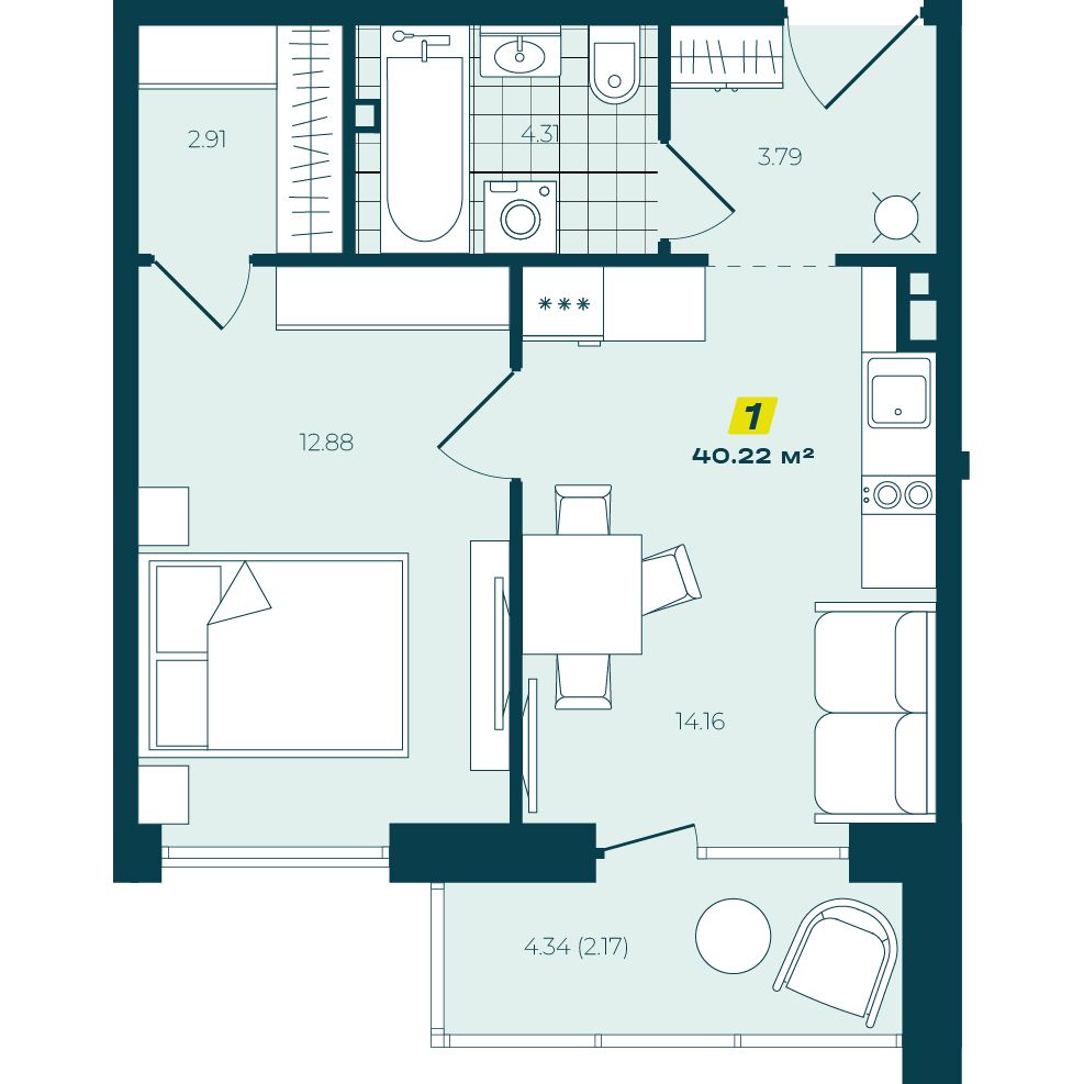 1-комнатная, 40.22 м², № 170 в Зеленый бульвар-2