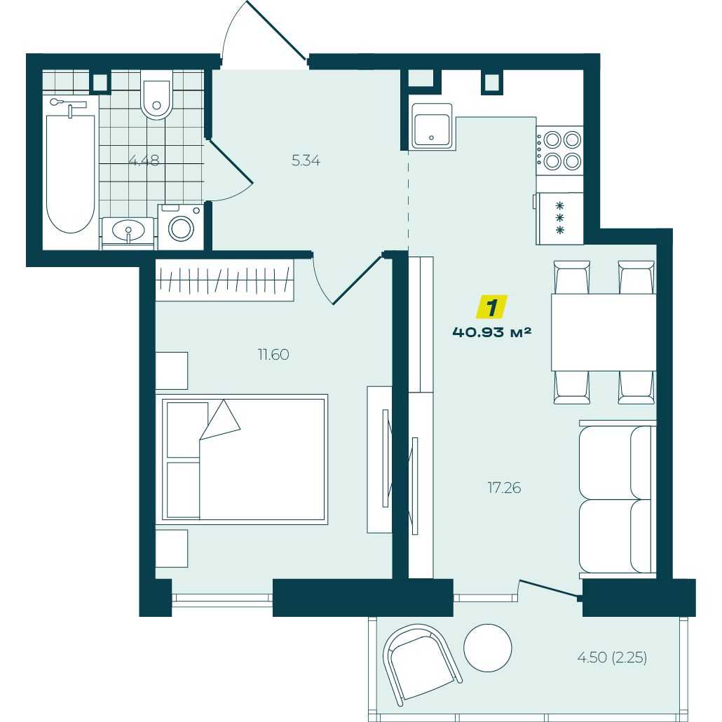 1-комнатная 40,93 м² в ЖК Зелёный Бульвар 1-комнатная 40,93 м²