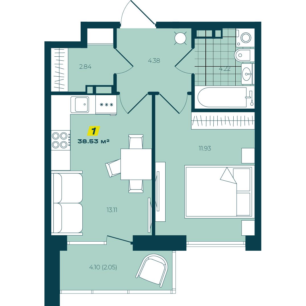 1-комнатная 38,53 м² в ЖК Зелёный Бульвар 1-комнатная 38,53 м²