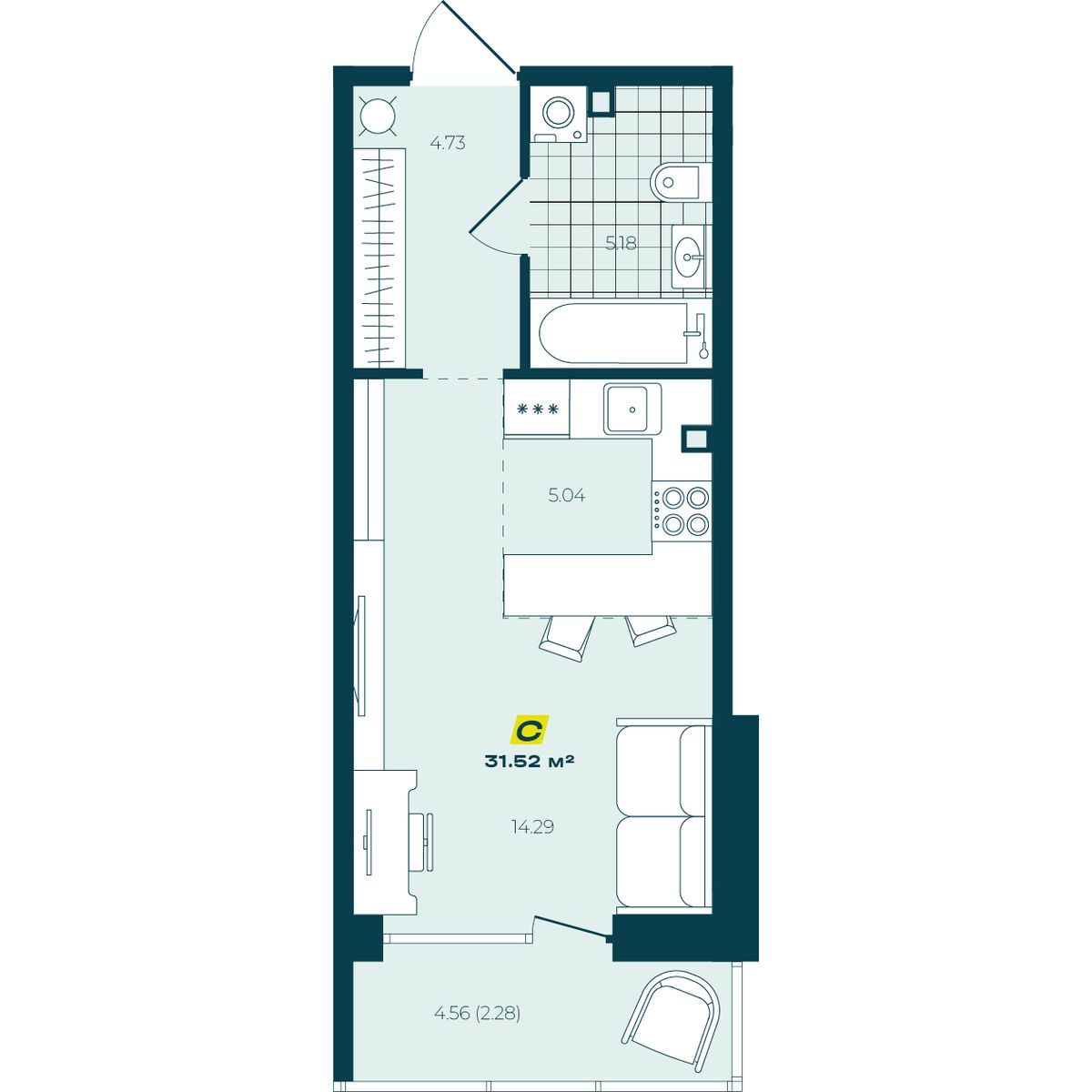 Студия 31,52 м² в ЖК Зелёный Бульвар Студия 31,52 м²